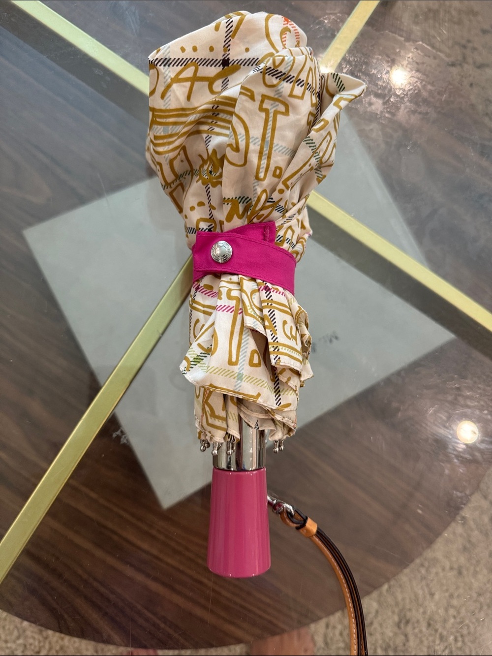 Coach Cream Canopy Umbrella with Pink Handle